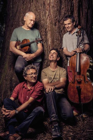 L'image montre le quatuor assis à la base d'un grand arbre avec leurs instruments.