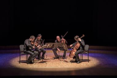 Vue d'ensemble du Quatuor Sine Nomine en concert, les quatre musiciens éclairés par un faisceau